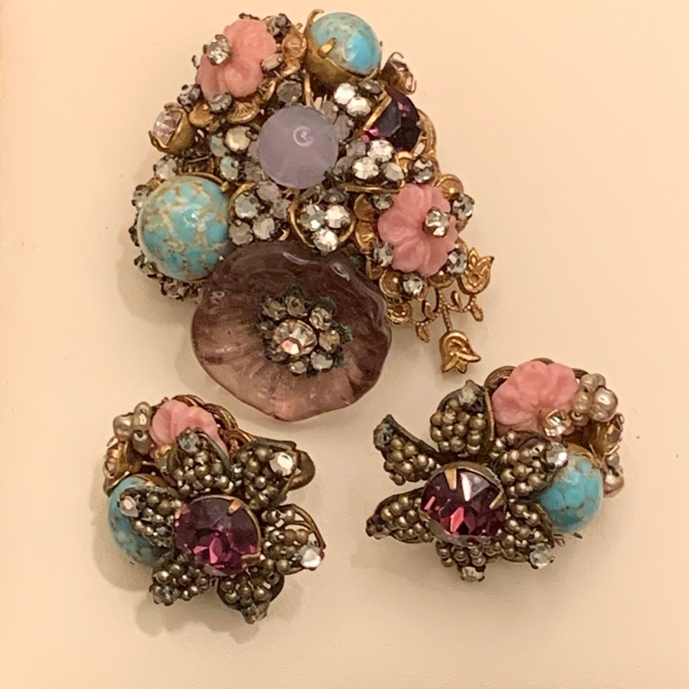 Miriam Haskell Signed Brooch Earrings Demi Parure Vintage 1950s